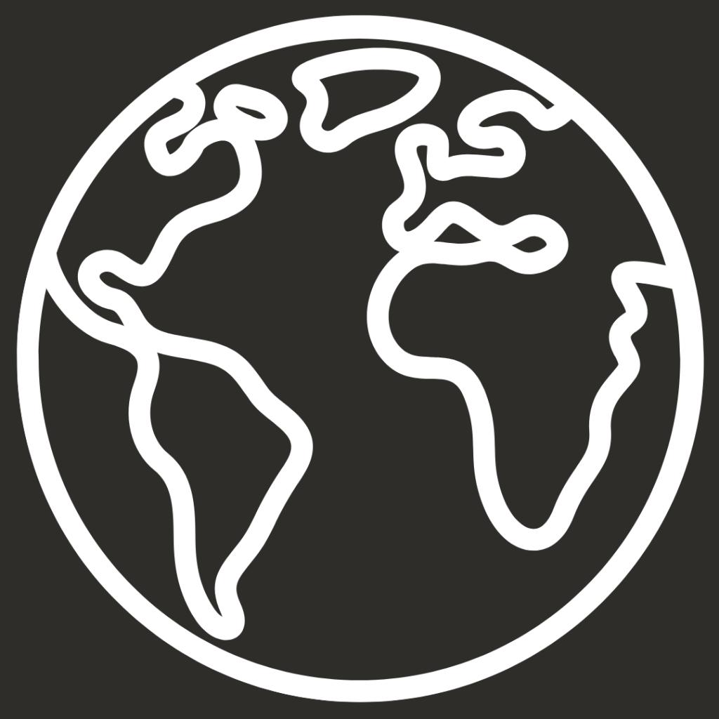 Outline of a globe featuring the continents in white on a black background.